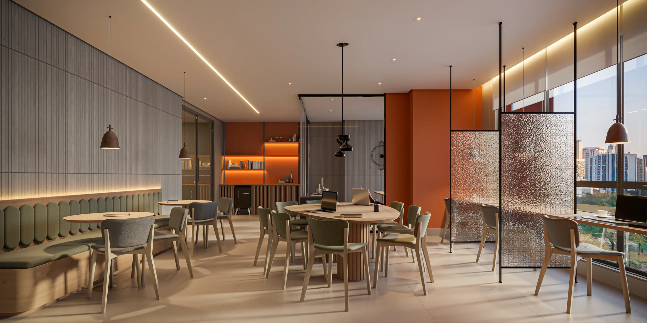 Coworking com sala de reunião (Perspectiva artística)