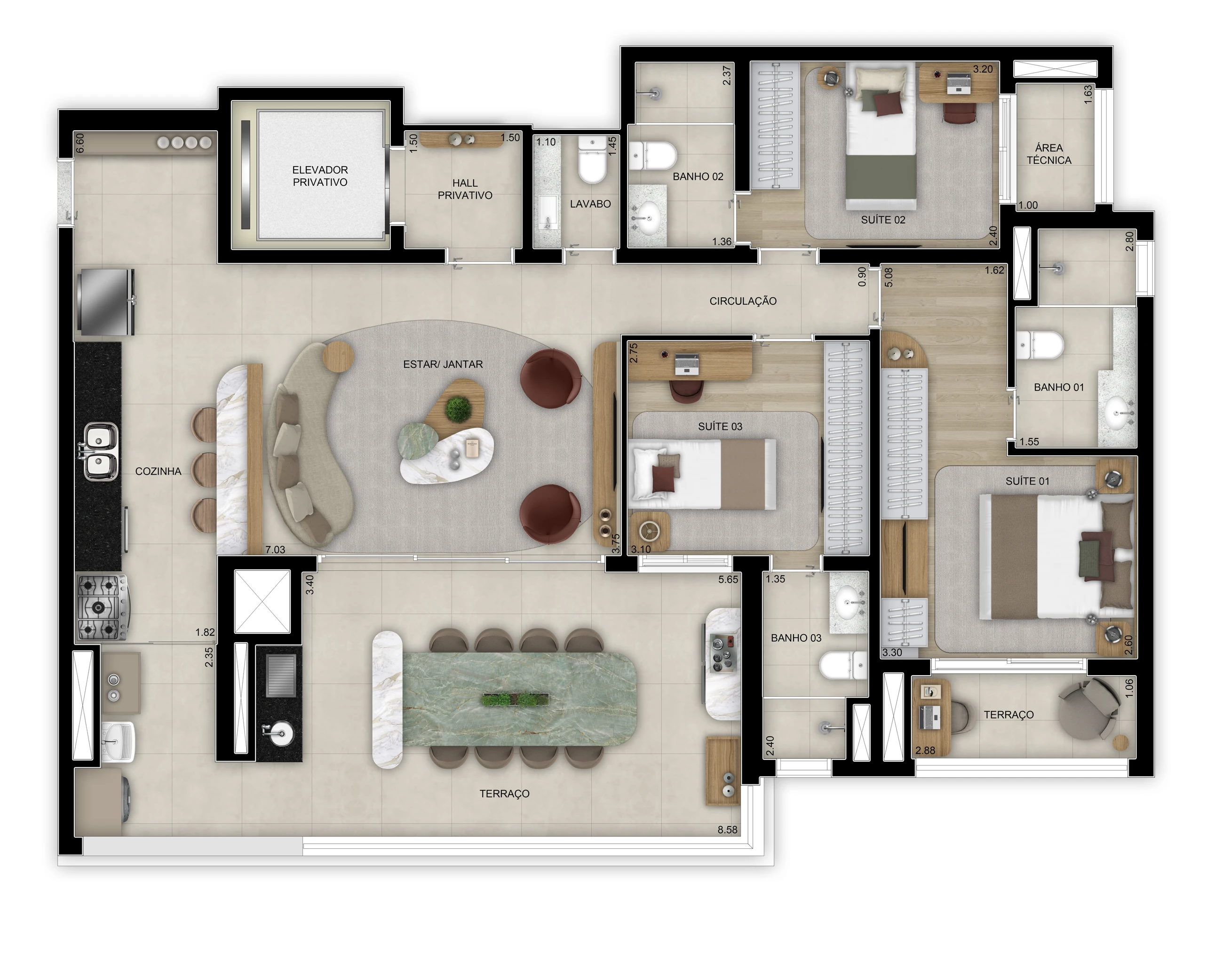 Planta de 3 suítes - 128m² - Torre 1 (Perspectiva artística)
