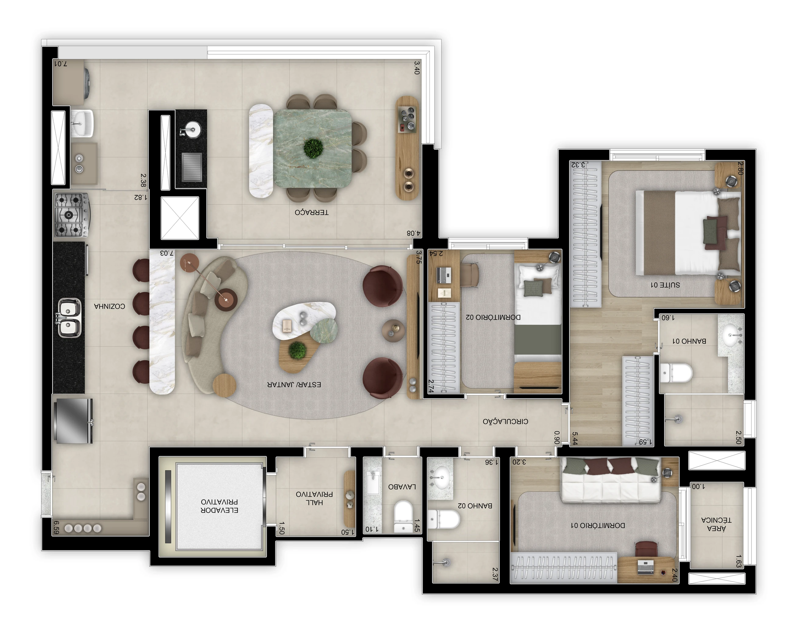 Planta de 3 dorms. (1 suíte) com lavabo - 113m² - Torre 1 (Perspectiva artística)