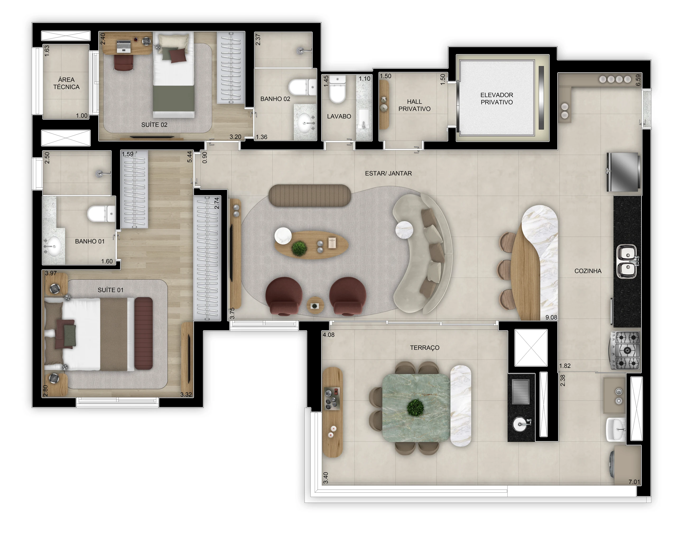 Planta de 2 suítes - Opção ampliada - 113m² - Torre 1 (Perspectiva artística)