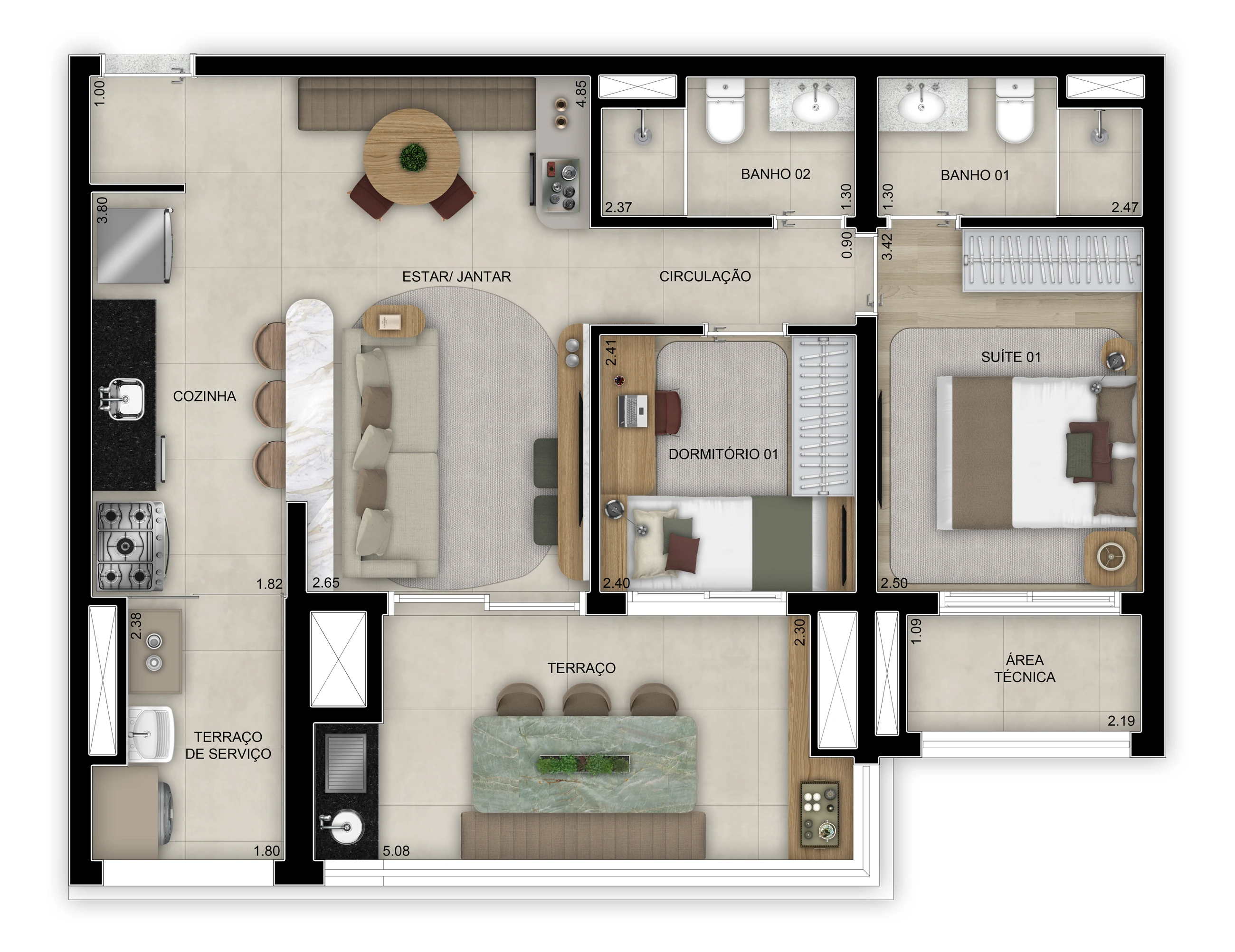 Planta de 2 dorms. (1 suíte) - 75m² - Torre 1 (Perspectiva artística)