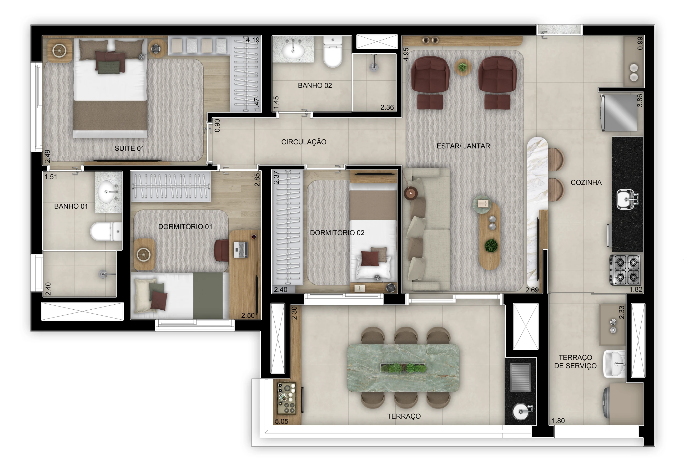 Planta de 3 dorms. (1 suíte) - 83m² - Torre 2 (Perspectiva artística)