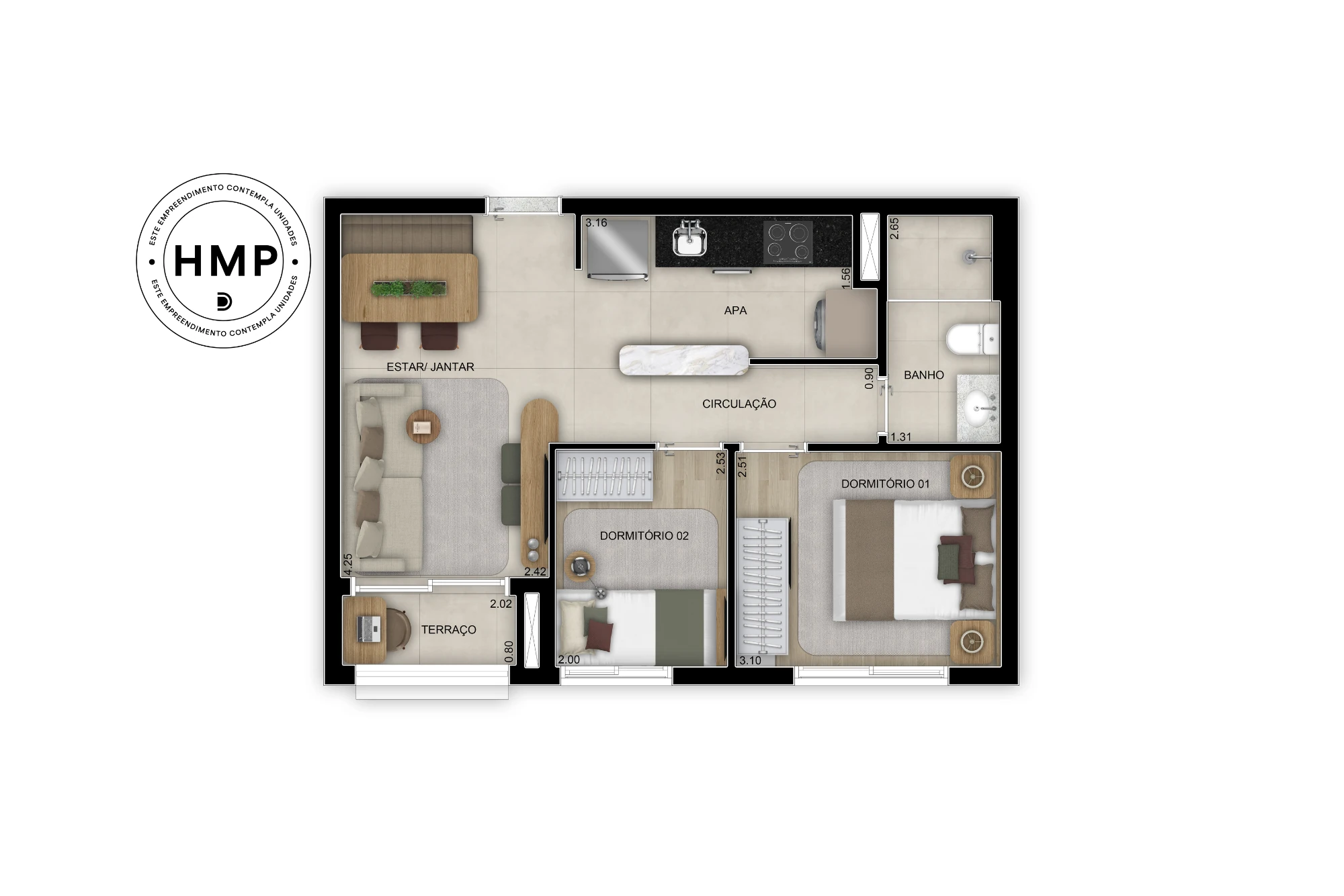Planta de 2 dorms. - 45m² - Torre 2 (Perspectiva artística)