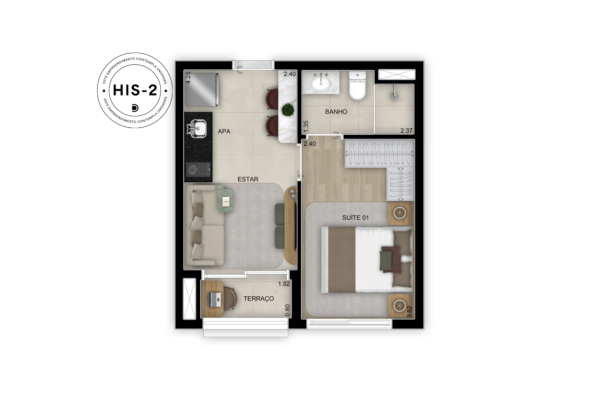 Planta de 1 suíte - 29m² - Torre 2 (Perspectiva artística)