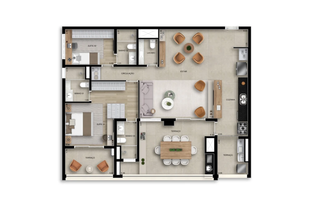 129m² | 02 suítes - Opção ampliado c/lavabo (Perspectiva artística)