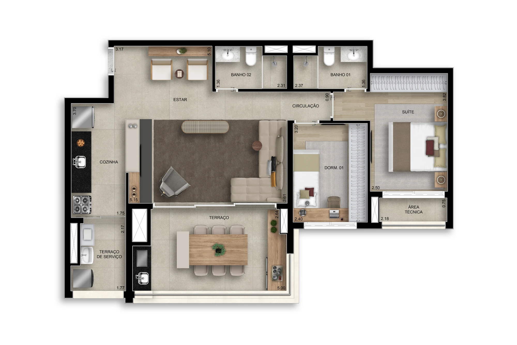 87m² | 02 dorms - Opção ampliado (Perspectiva artística)