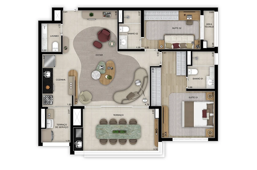 Planta de 2 suítes com lavabo - opção ampliado - 97m² - Torre 2 (Perspectiva artística)