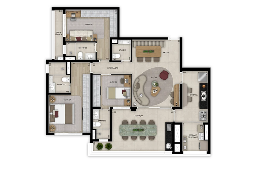 Planta de 3 suítes com lavabo - 120m² - Torre 2 (Perspectiva artística)