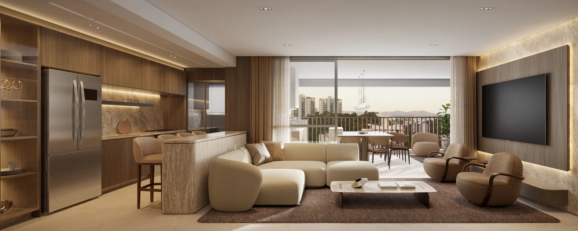 Living de 132m² do apto de 3 suítes (Perspectiva artística)