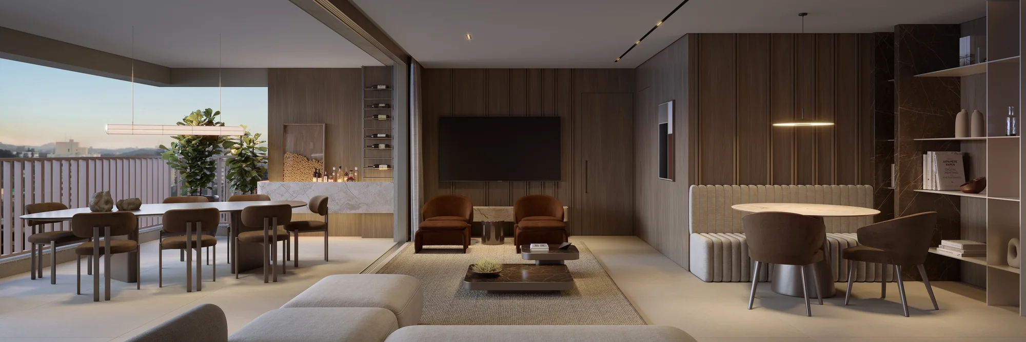 Living de 106m² do apto de 1 suíte (Perspectiva artística)