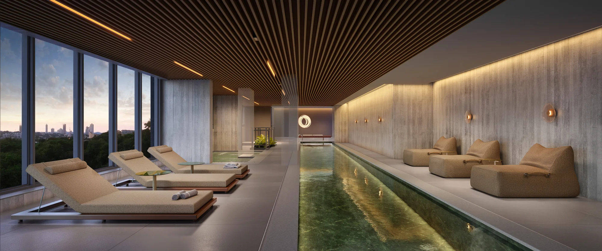 Piscina coberta e aquecida c/ raia de 25m² (Perspectiva artística)