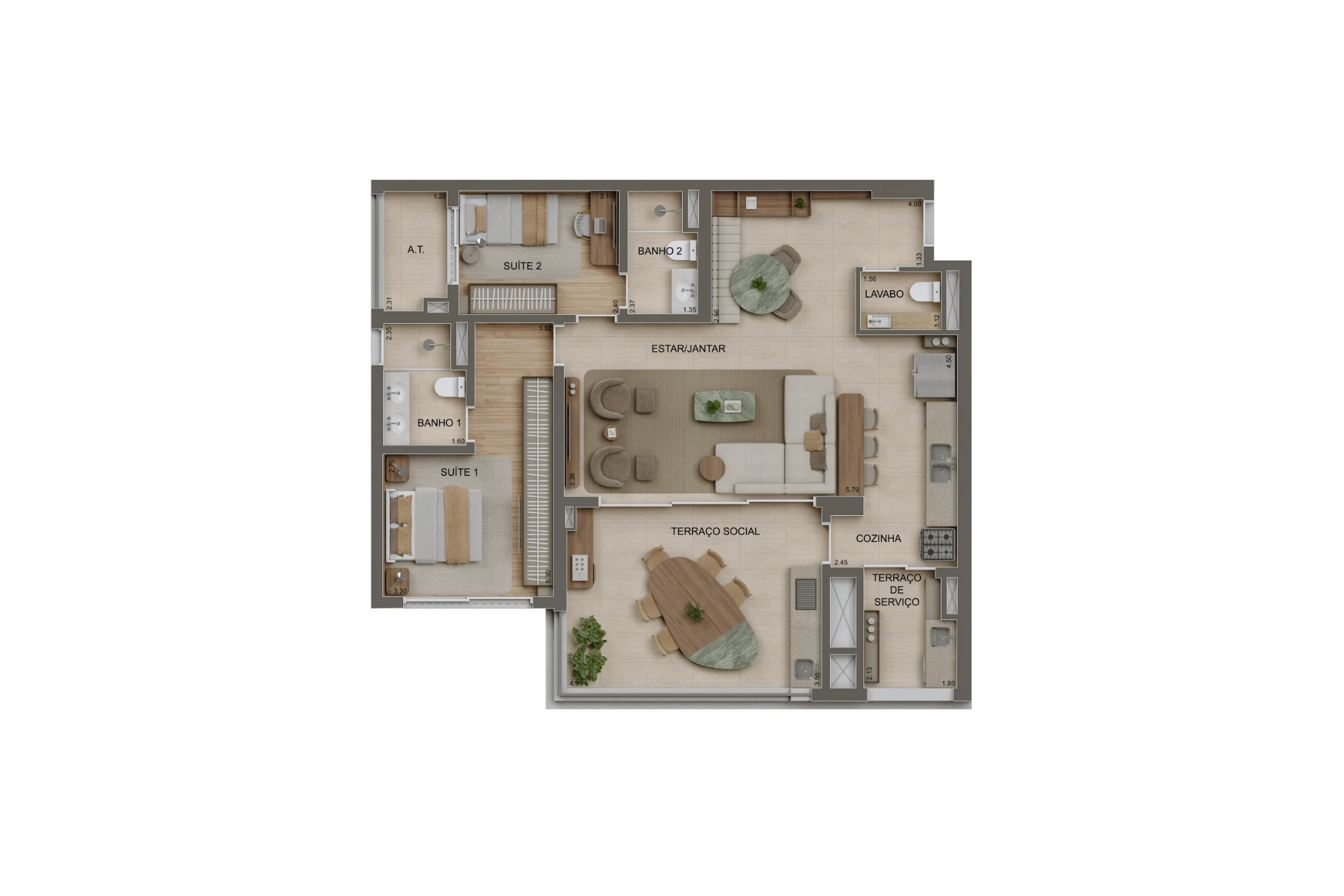 Planta 2 suítes - 106m² (Perspectiva artística)