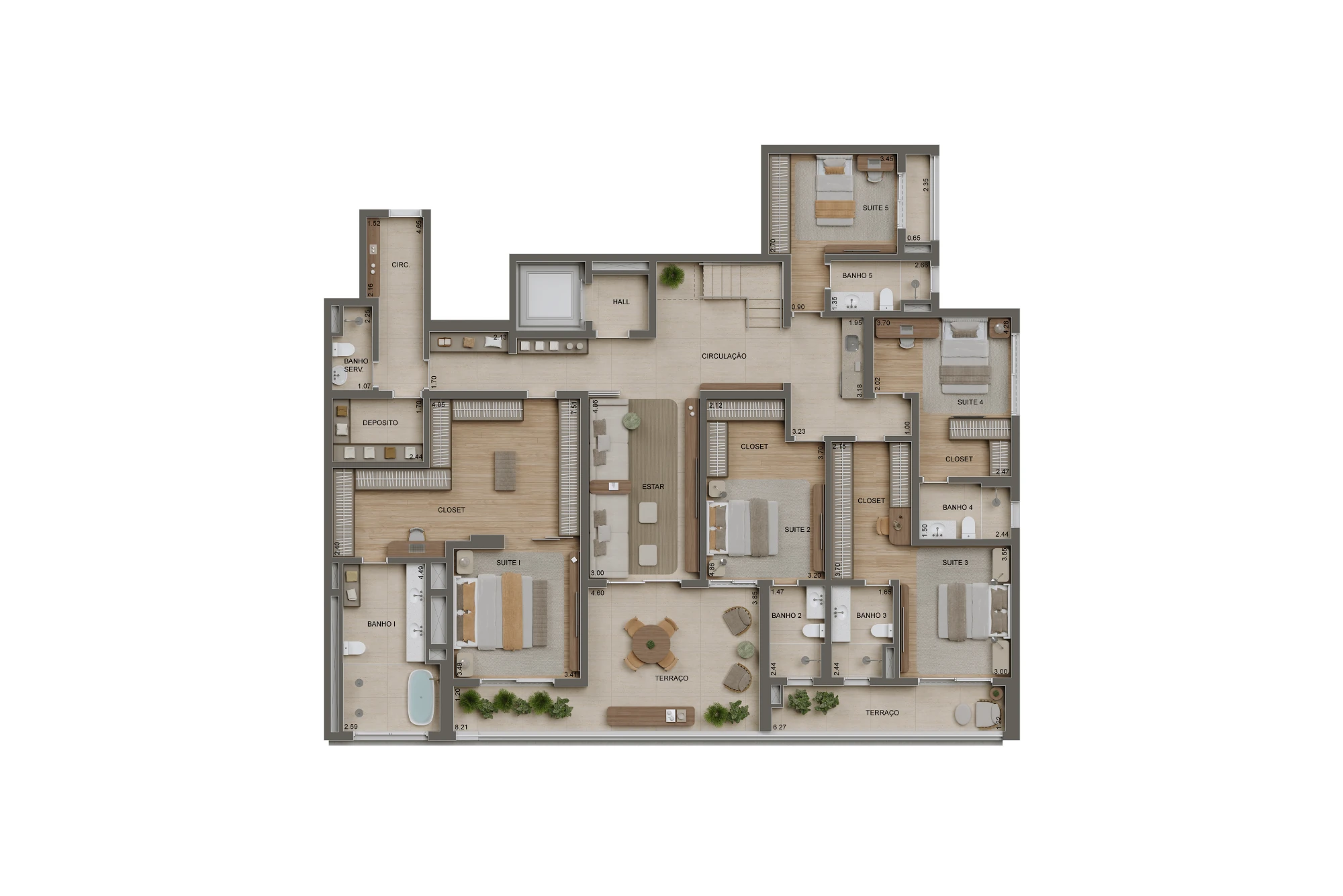 Planta 5 suítes Duplex inferior - 480m² - Torre 1 (Perspectiva artística)