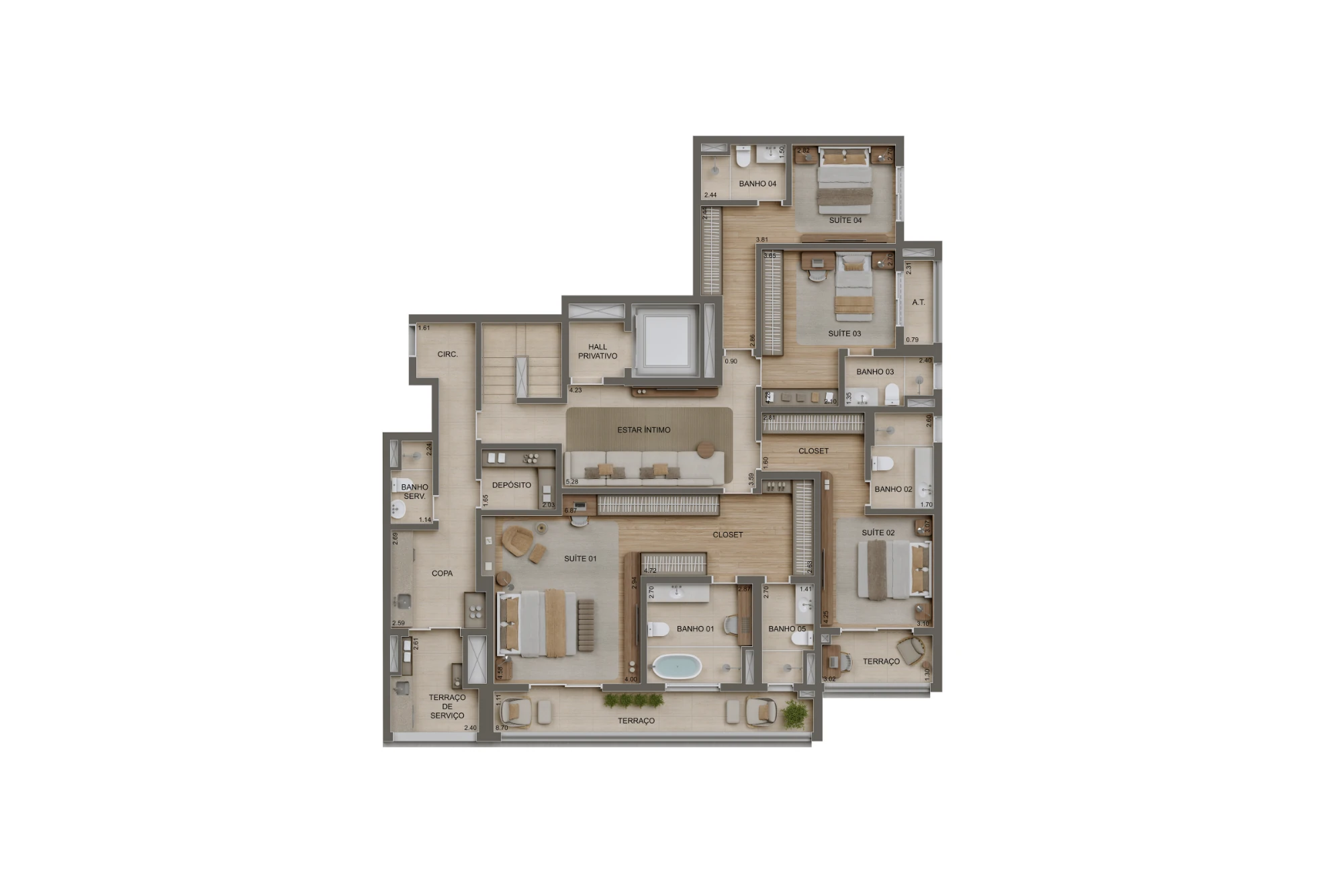 Planta 4 suítes Duplex inferior - 485m² - Torre 2 (Perspectiva artística)