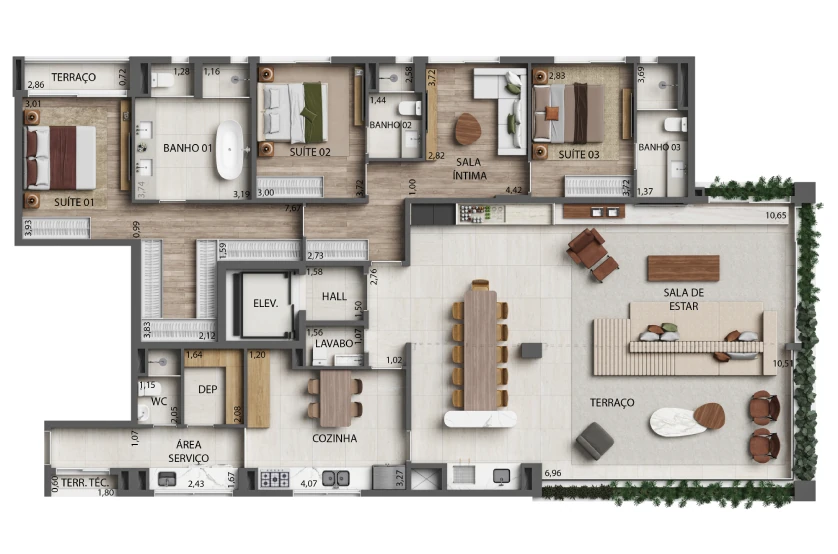 Planta Opção 3 Suítes Living integrado com o terraço e sala íntima - 241m² - Final 2 - Torre 3 (Perspectiva artística)