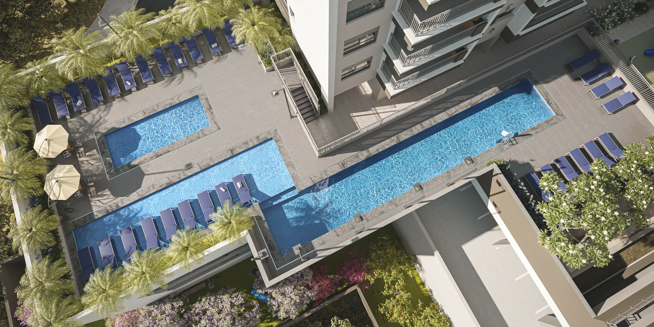 Piscina adulto e infantil com solarium - Torre 1 (Perspectiva artística)