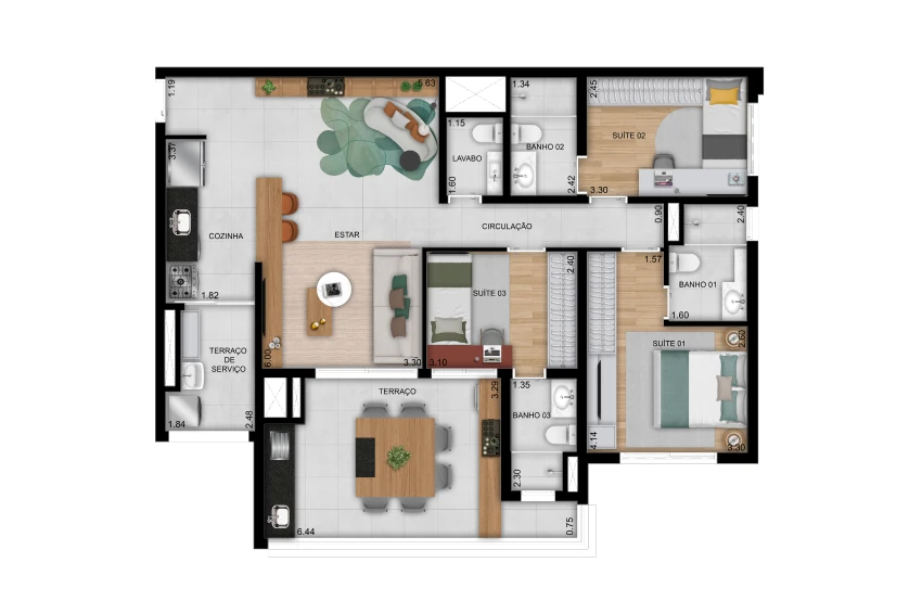 3 suítes com lavabo do apto. de 109m² - Final 02 (Perspectiva artística)