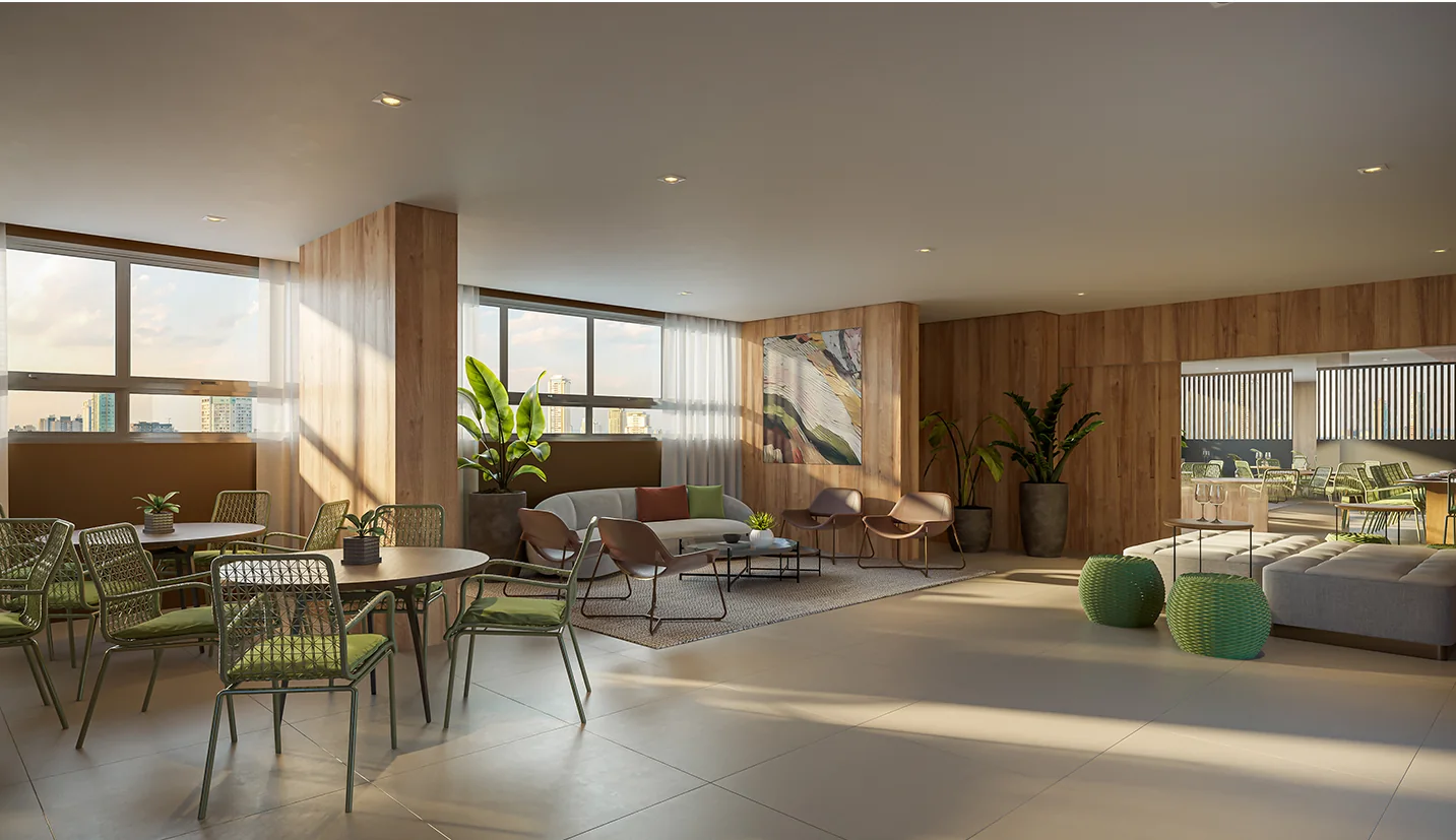 Espaço gourmet integrado ao terraço com churrasqueira e SPA (Perspectiva artística)