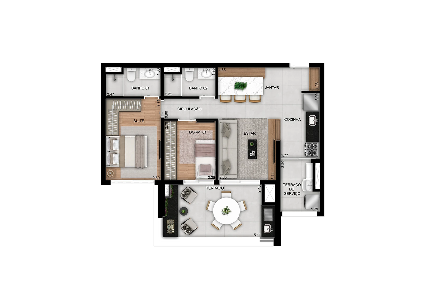 Planta de 2 dorms. (1 suíte) - 71m² - Finais 4 e 8 (Perspectiva artística)